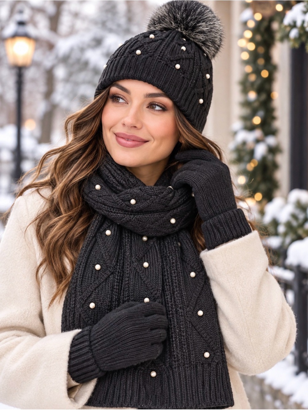 Black Knit Pom-Pom Beanie & Scarf Set with Pearled Accents